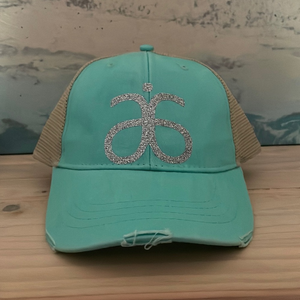 ARBONNE logo’d trucker hat teal and silver adjustable snap back NWT